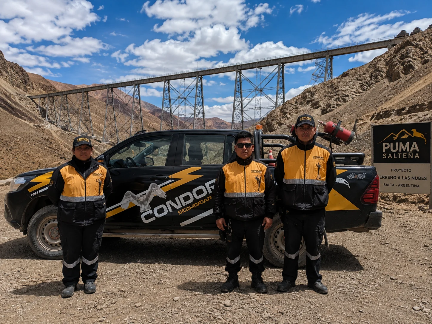 Cóndor Seguridad Privada staff next to a mobile unit, with the La Polvorilla viaduct in the background